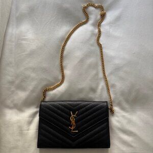 Black Yves Saint Laurent YSL Monogram Large Wallet on Chain in Grained Leather